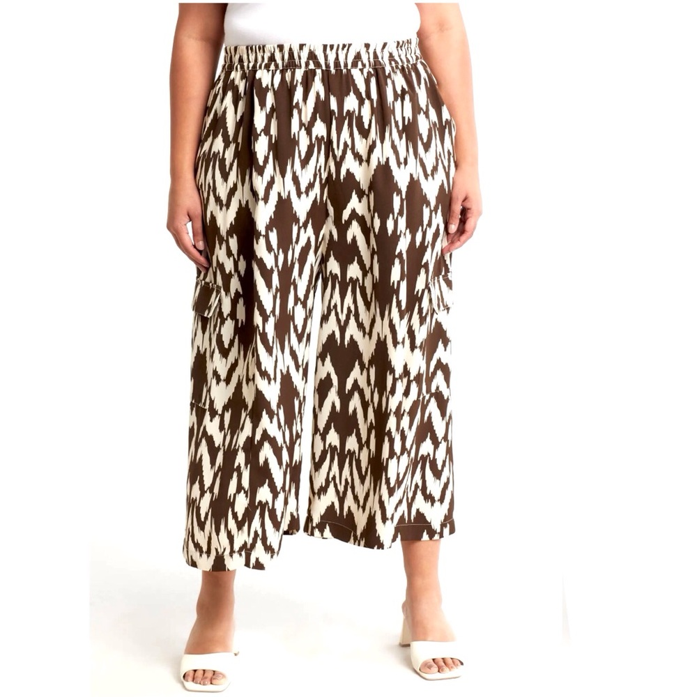 Adrianna Papell Cargo Pull On Pants Wide Leg Cropped Gaucho Brown Print Size 1X